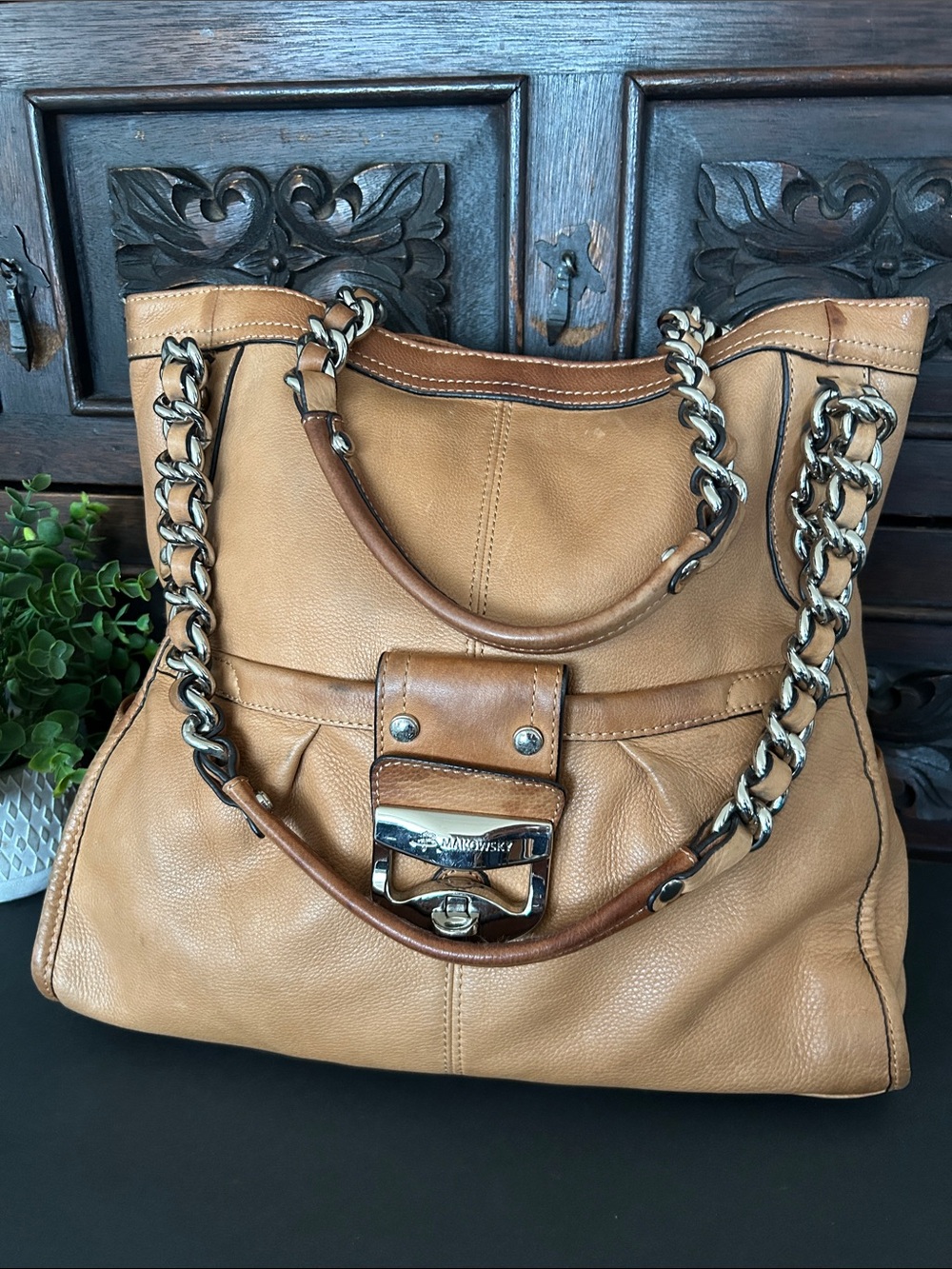 b. makowsky Tan Leather Chain-Accent Shoulder Bag - Picture 3 of 17